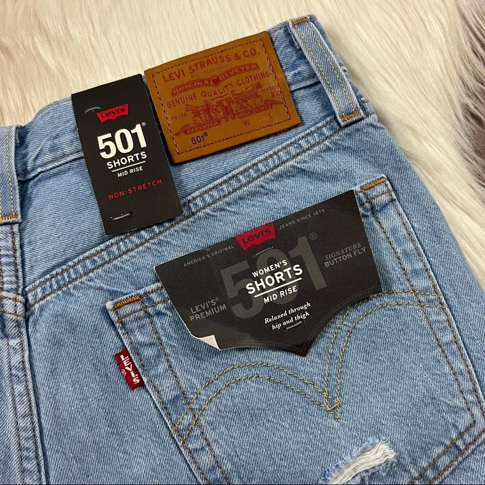Levi's Size 27 Haze Blue Distressed 501 Long Denim Shorts